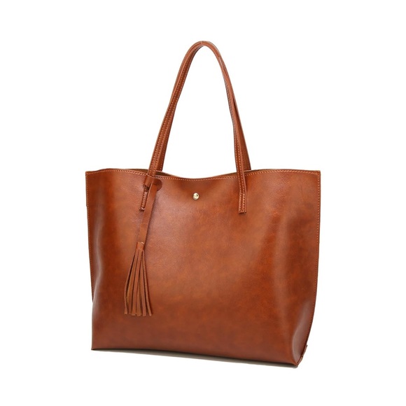 Brown Shoulder Leather Tote Tassel Bag - Picture 3 of 5
